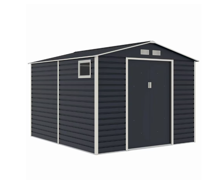 Magazie de grădină metalică, 277 x 195 x 1213 X 195 X 195 cm, uși glisante duble, acoperiș înclinat, 4 orificii de ventilație, gri închis