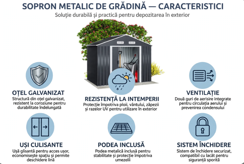 Magazie de grădină metalică, 277 x 195 x 1213 X 195 X 195 cm, uși glisante duble, acoperiș înclinat, 4 orificii de ventilație, gri închis