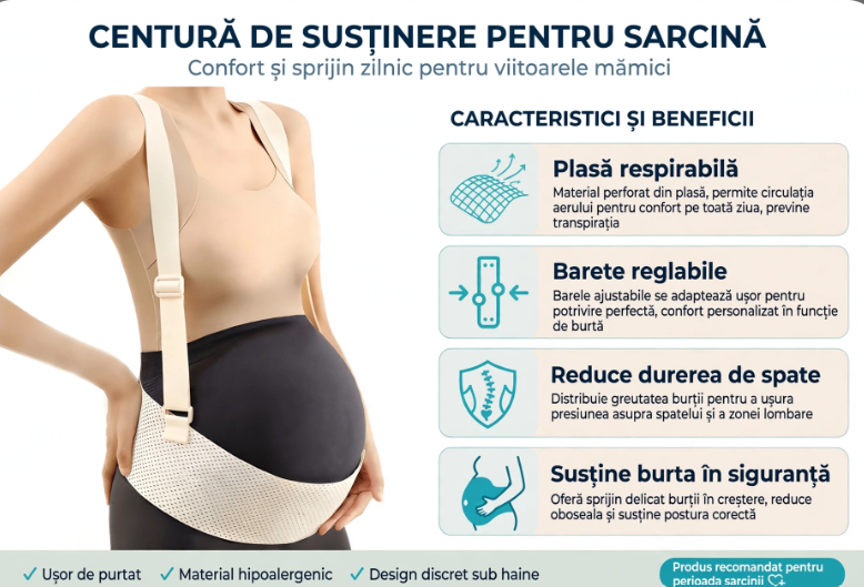 Centură pentru gravide, elastică, respirabilă, susținere abdominală, crem
