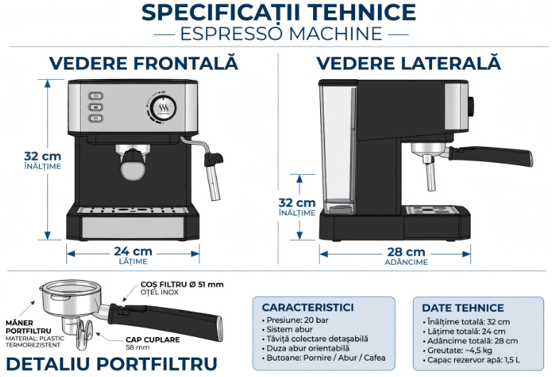 Espressor pentru cafea măcinată, italiana, rezervor 1,6 L, 850W
