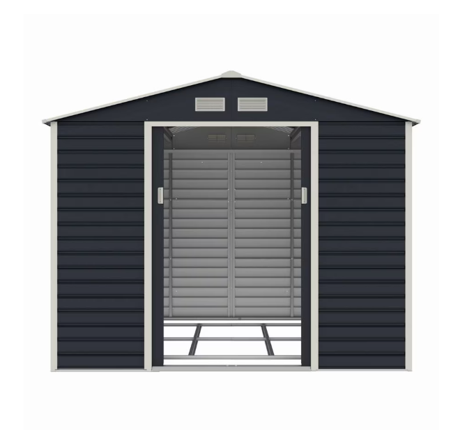 Magazie de grădină metalică, 277 x 195 x 1213 X 195 X 195 cm, uși glisante duble, acoperiș înclinat, 4 orificii de ventilație, gri închis