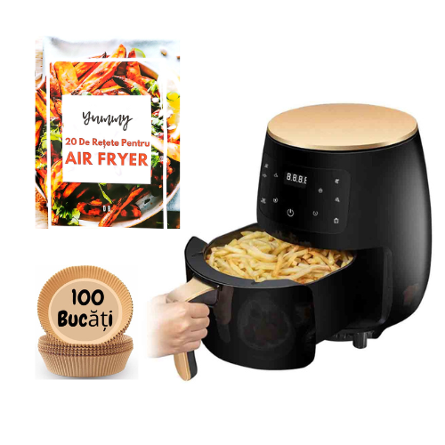 Friteuza cu Aer Cald, Fara Ulei, 6L, 2400W, Functie de Coacere, Carte cu retete inclusa, 100 Bucati hartie de copt Cadou