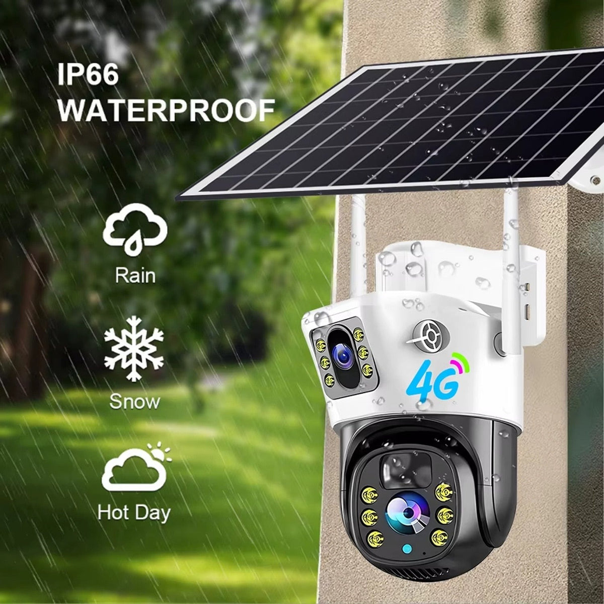 Camera de Supraveghere Duală 4G cu Panou Solar, 6MP Ultra HD, Rotire din Aplicație, Vedere Nocturnă, Detectare Mișcare, Microfon și Difuzor, Card de Memorie 32GB Cadou