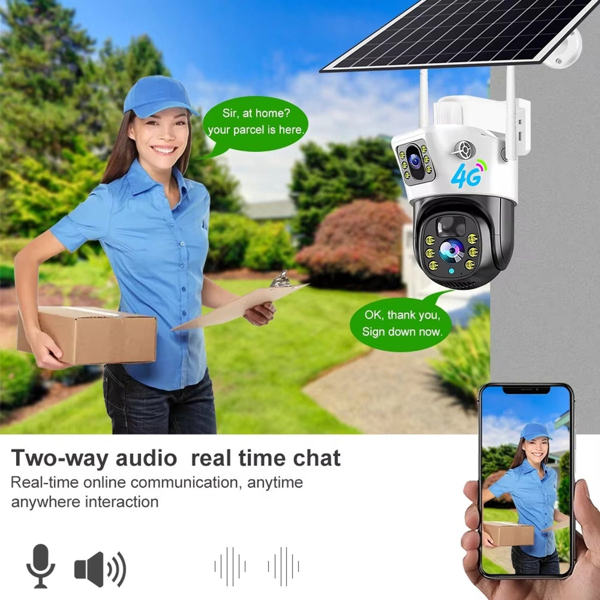 Camera de Supraveghere Duală 4G cu Panou Solar, 6MP Ultra HD, Rotire din Aplicație, Vedere Nocturnă, Detectare Mișcare, Microfon și Difuzor, Card de Memorie 32GB Cadou