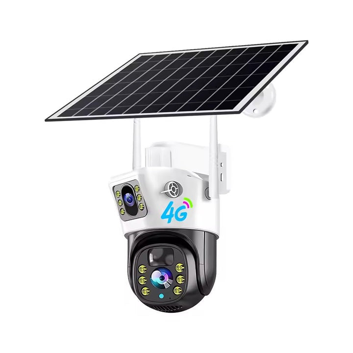 Camera de Supraveghere Duală 4G cu Panou Solar, 6MP Ultra HD, Rotire din Aplicație, Vedere Nocturnă, Detectare Mișcare, Microfon și Difuzor, Card de Memorie 32GB Cadou