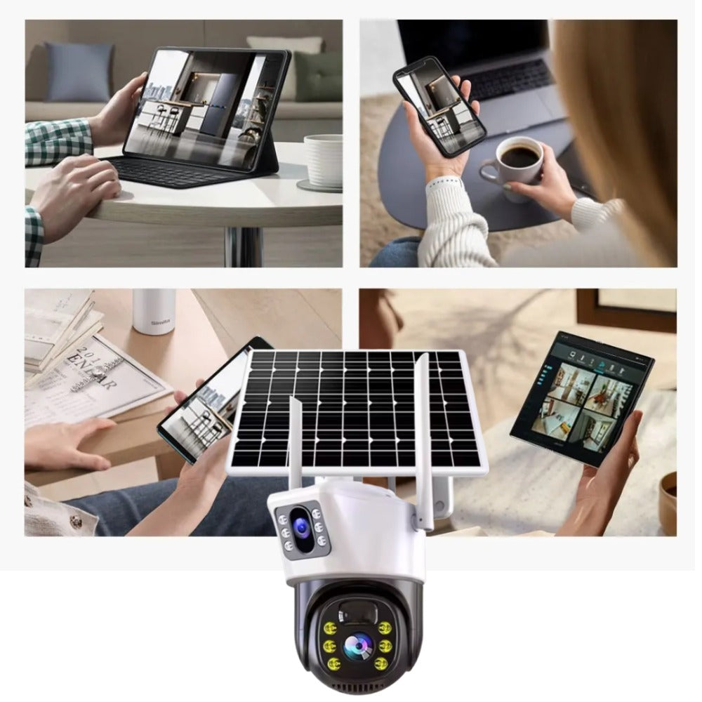 Camera de Supraveghere Duală 4G cu Panou Solar, 6MP Ultra HD, Rotire din Aplicație, Vedere Nocturnă, Detectare Mișcare, Microfon și Difuzor, Card de Memorie 32GB Cadou