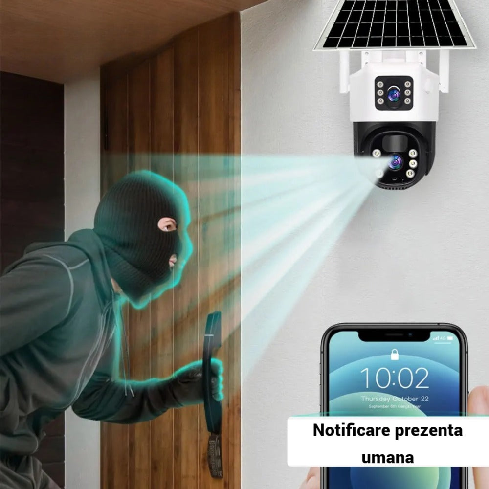 Camera de Supraveghere Duală 4G cu Panou Solar, 6MP Ultra HD, Rotire din Aplicație, Vedere Nocturnă, Detectare Mișcare, Microfon și Difuzor, Card de Memorie 32GB Cadou