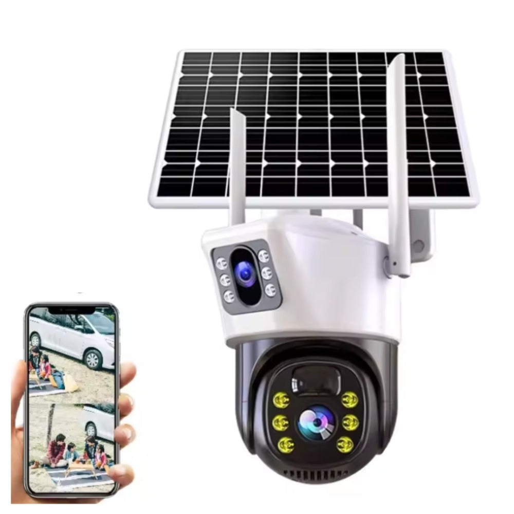 Camera de Supraveghere Duală 4G cu Panou Solar, 6MP Ultra HD, Rotire din Aplicație, Vedere Nocturnă, Detectare Mișcare, Microfon și Difuzor, Card de Memorie 32GB Cadou