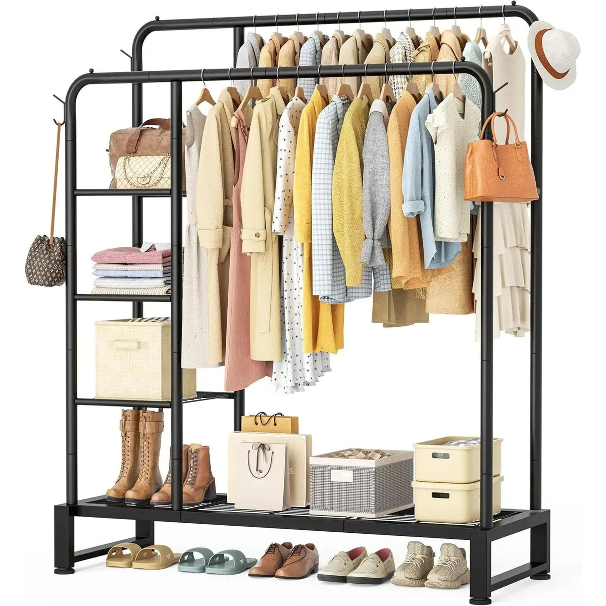 Suport Metalic Dublu pentru Haine cu 2 Bare pentru Umerașe, Rafturi și Suport pentru Pantofi, Organizator Dressing, 159 x 159 x 40 cm, Negru