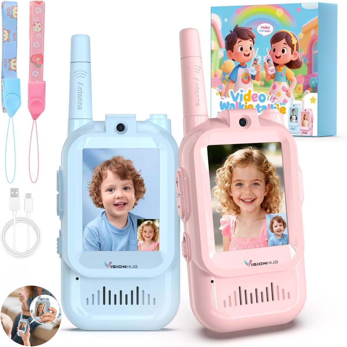 Set 2 Walkie Talkie VisionHub cu Video 480P HD, Ecran 2.0 Inch, Raza 300m, Roz/Albastru