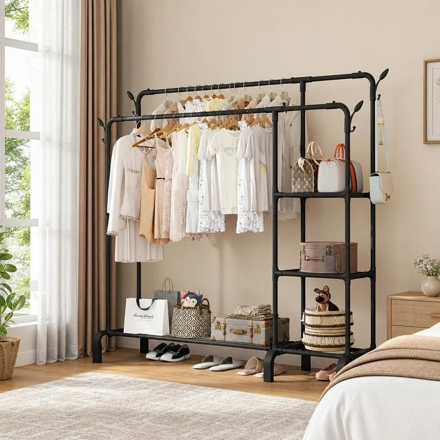 Suport Metalic Dublu pentru Haine cu 2 Bare pentru Umerașe, Rafturi și Suport pentru Pantofi, Organizator Dressing, 159 x 159 x 40 cm, Negru