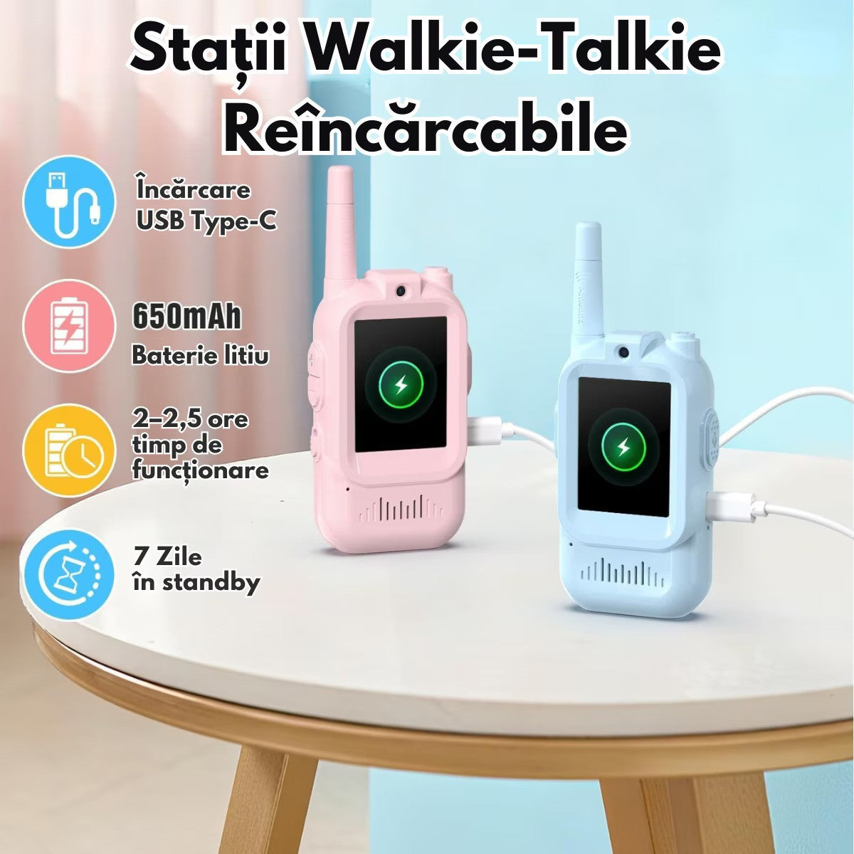 Set 2 Walkie Talkie VisionHub cu Video 480P HD, Ecran 2.0 Inch, Raza 300m, Roz/Albastru