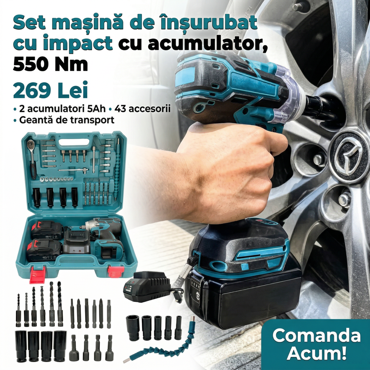 Cheie de Impact 550Nm, 48V, Brushless, 2 Acumulatori 5Ah + 43 Accesorii, Valiză Transport