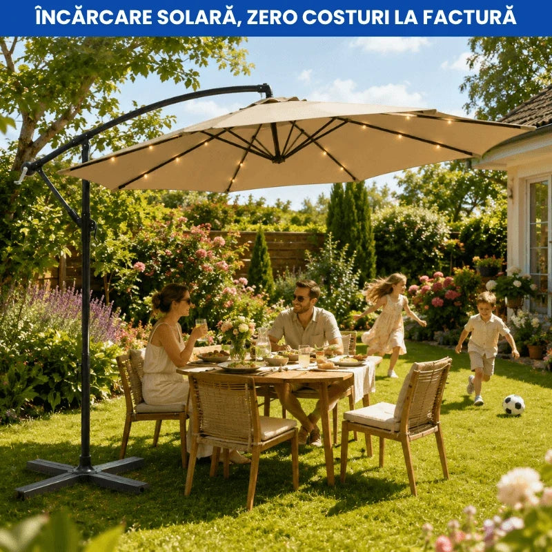 Umbrela de terasa, 3 metri acoperire, 24 LED-uri, Incarcare solara, Deschidere cu Manivelă