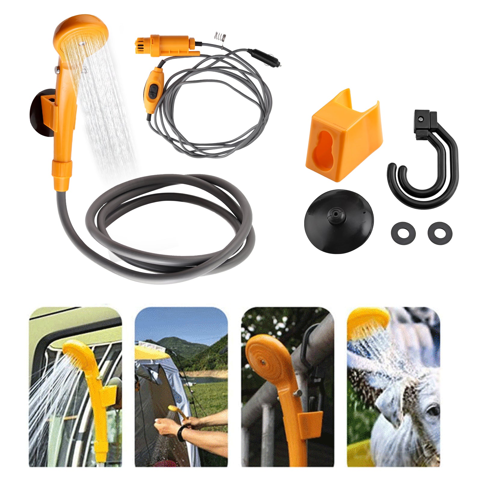 Set Dus Portabil Auto pentru Camping cu Pompa de Apa, alimentare 12V + accesorii