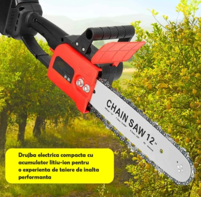 Mini drujbă electrică 12 inch cu lanț, 48V, 2 acumulatori Lithium, 4800 RPM, drujbă portabilă pentru grădină și lemne