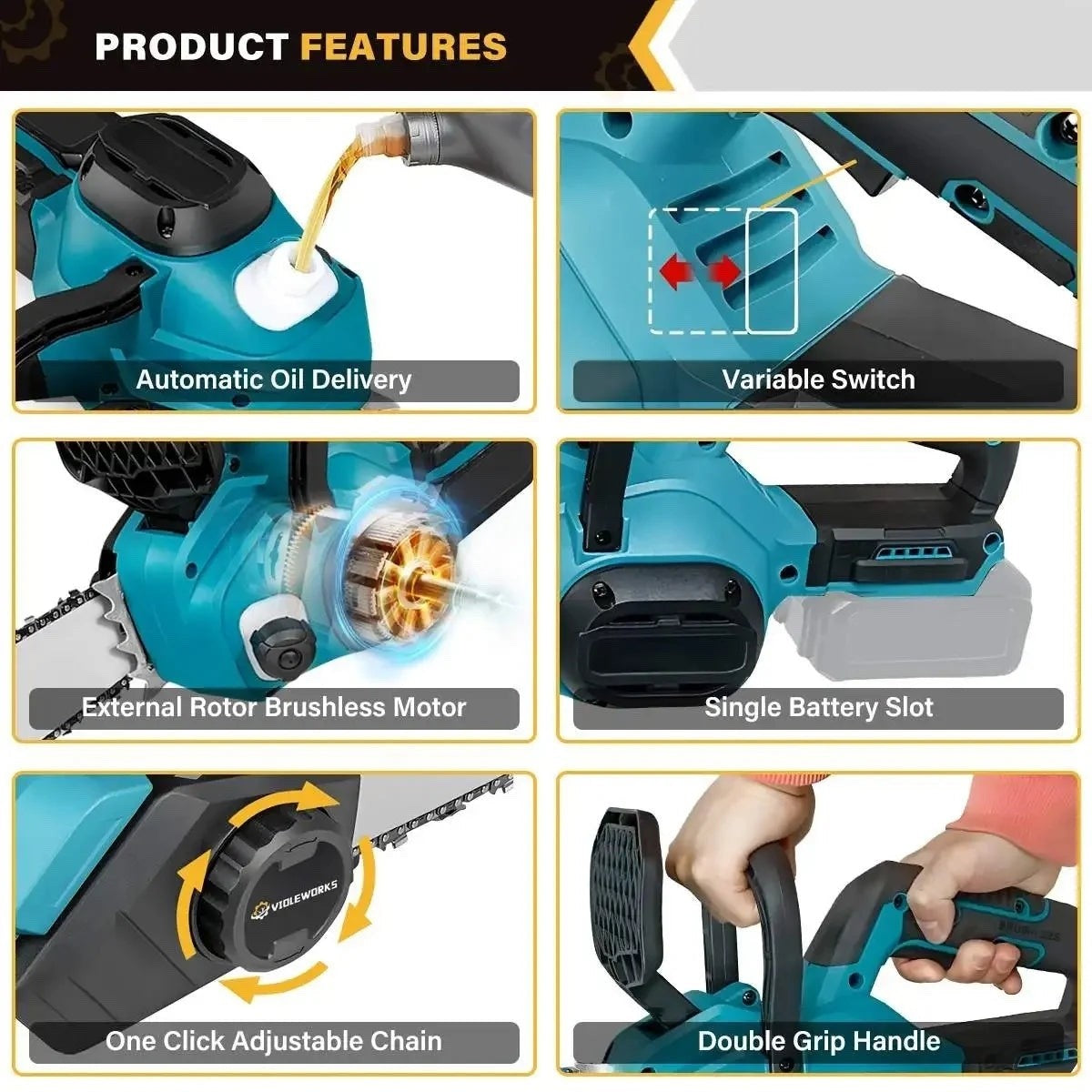 Drujbă Electrică fără Fir cu Acumulator 48V, Motor Brushless 2300W, Lamă 40 cm, 2 Acumulatori 6Ah, Ungere Automată a Lanțului, Încărcător și Valiză