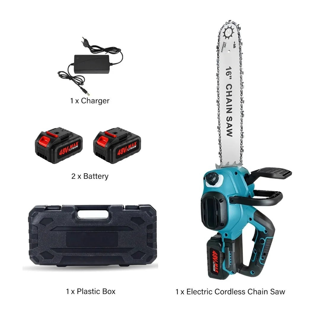 Drujbă Electrică fără Fir cu Acumulator 48V, Motor Brushless 2300W, Lamă 40 cm, 2 Acumulatori 6Ah, Ungere Automată a Lanțului, Încărcător și Valiză