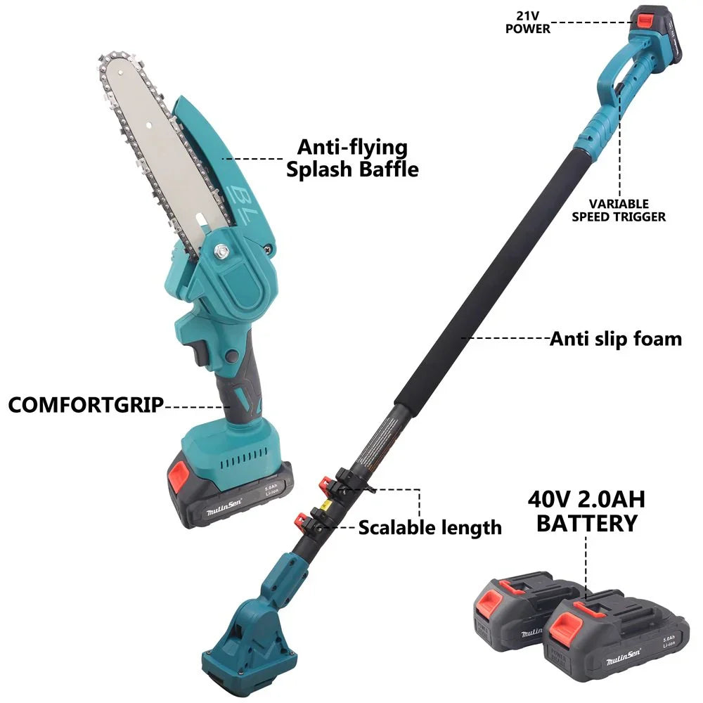 Foarfecă și Mini Drujbă pentru Grădină 48V – Set cu Braț Telescopic 2,13 m și 2 Acumulatori