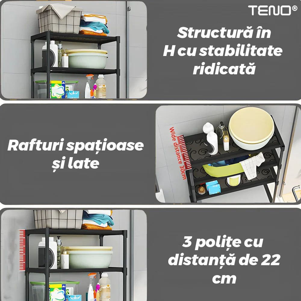 Raft Depozitare Metalic 3 Nivele pentru Mașina de Spălat, Etajeră Organizator Baie, Economisire Spațiu