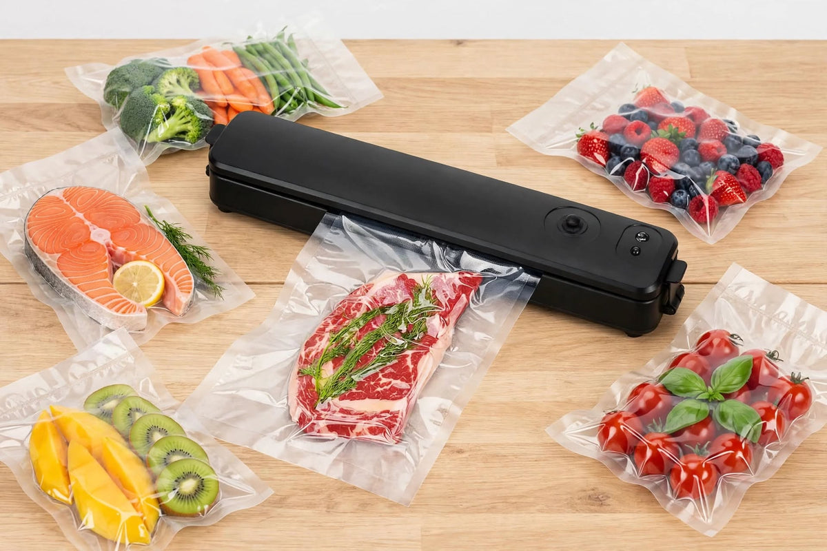 Aparat de Vidat Alimente 90W, Vacuum Sealer Automat, Sigilare Uscată și Umedă, Negru, 10 Pungi Incluse