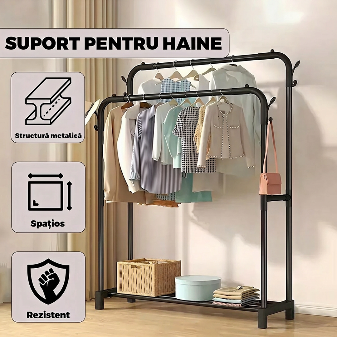 Suport Haine Metalic cu 2 Bare și Raft, Mobil cu Roți, 150 x 96 x 45 cm, Negru, Capacitate 35 kg, Organizator Haine și Umerașe