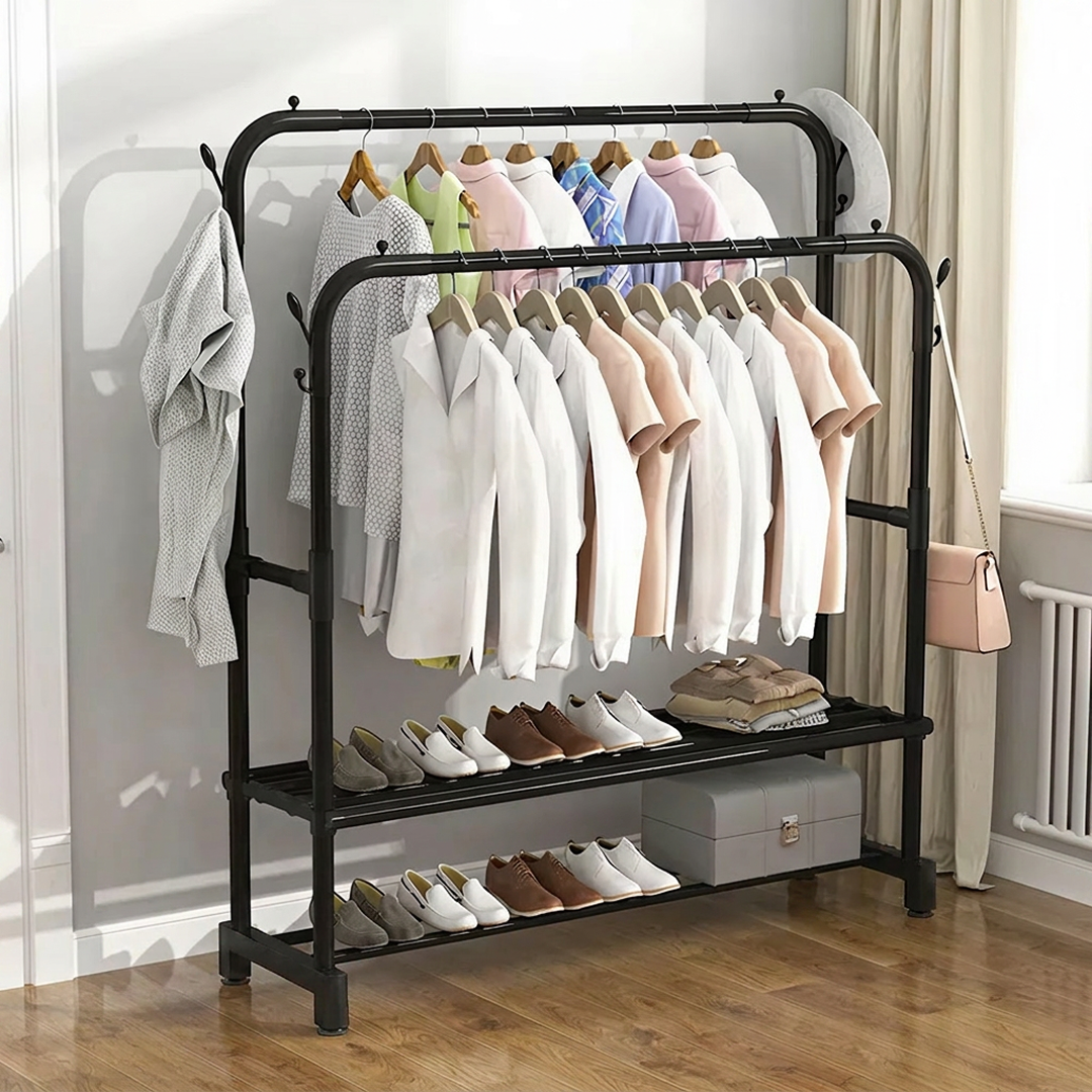 Suport Haine Metalic cu 2 Bare și Raft, Mobil cu Roți, 150 x 96 x 45 cm, Negru, Capacitate 35 kg, Organizator Haine și Umerașe