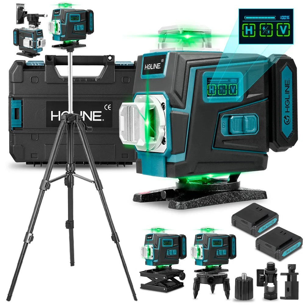 Laser nivel profesional 16 linii verde, rotire 360°, 2 acumulatori, precizie ±2mm/10m