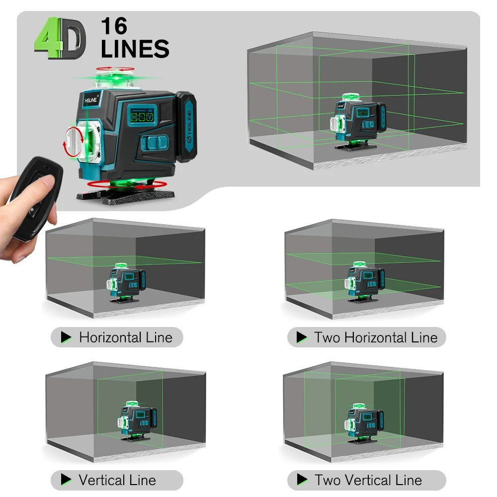 Laser nivel profesional 16 linii verde, rotire 360°, 2 acumulatori, precizie ±2mm/10m