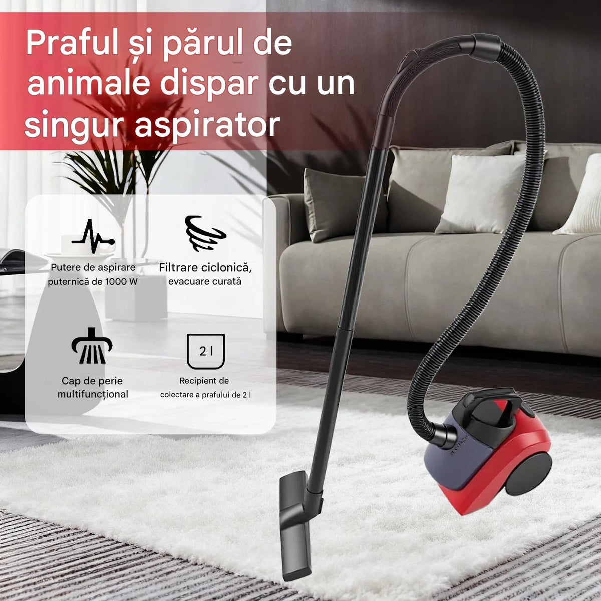 Aspirator fara sac, capacitate de 2 litri, putere de 1000W