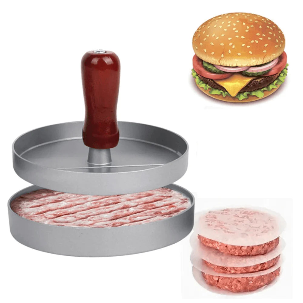 Presa pentru Burgeri Koken, cu maner de lemn, material Aliaj/Aluminiu,forma si presa, usor de curatat si folosit, Diametrul 11.8 cm, Gri