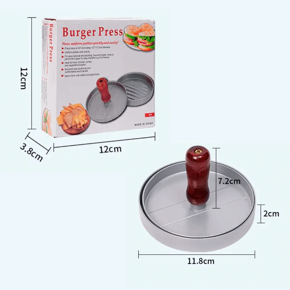 Presa pentru Burgeri Koken, cu maner de lemn, material Aliaj/Aluminiu,forma si presa, usor de curatat si folosit, Diametrul 11.8 cm, Gri