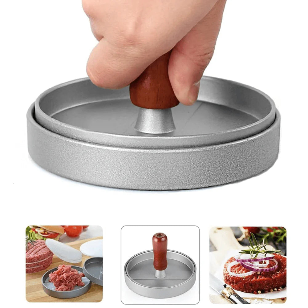 Presa pentru Burgeri Koken, cu maner de lemn, material Aliaj/Aluminiu,forma si presa, usor de curatat si folosit, Diametrul 11.8 cm, Gri