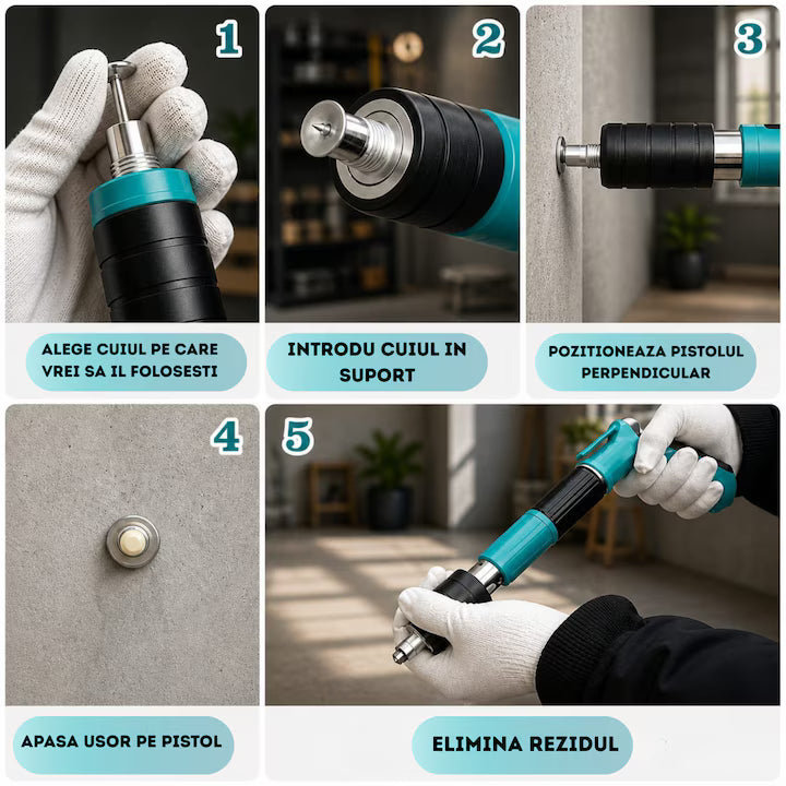 Pistol Manual pentru Bătut Cuie în Beton, Lemn și Metal, 3 Trepte de Reglare a Puterii, Funcționare fără Electricitate, 100 Cuie Incluse, Ulei de Întreținere și Cutie de Transport