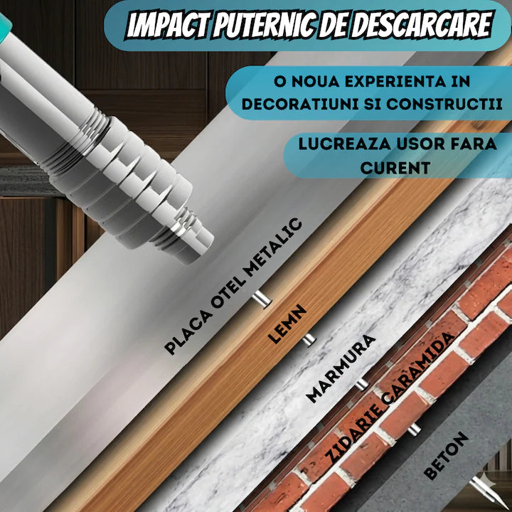 Pistol Manual pentru Bătut Cuie în Beton, Lemn și Metal, 3 Trepte de Reglare a Puterii, Funcționare fără Electricitate, 100 Cuie Incluse, Ulei de Întreținere și Cutie de Transport