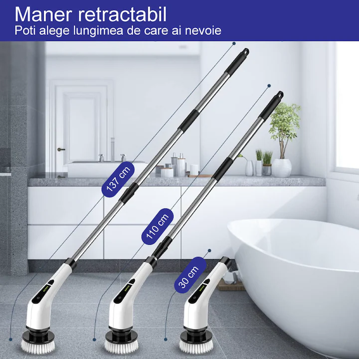 Perie Electrică Rotativă de Curățare, 9 Capete Interșanjabile, 2 Viteze, Wireless, IPX7, Mâner Extensibil, Pentru Baie, Bucătărie și Podele