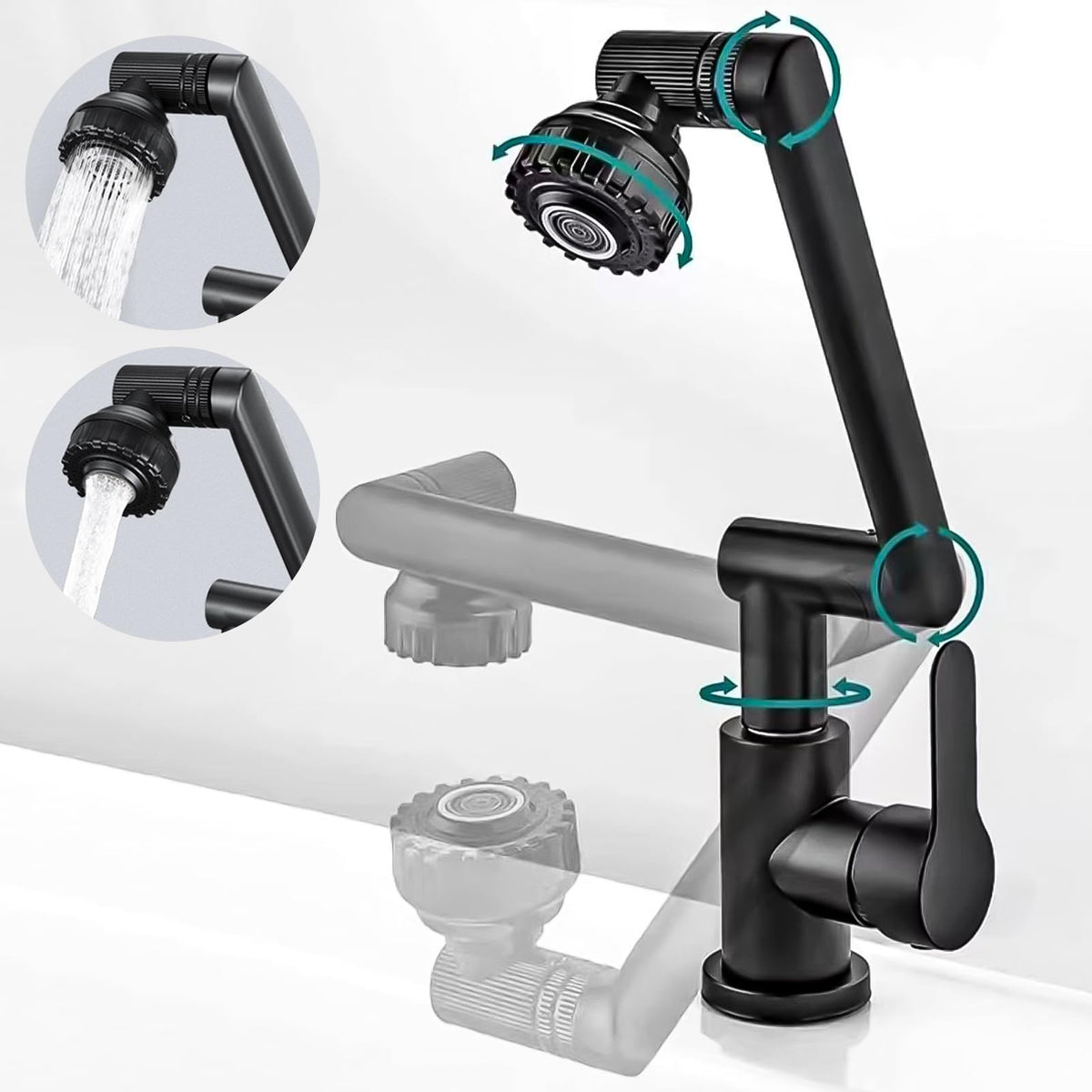 Robinet Baie Rotativ 1080°, 2 Moduri de Jet, Negru, Extensie Mecanică, Negru VST40