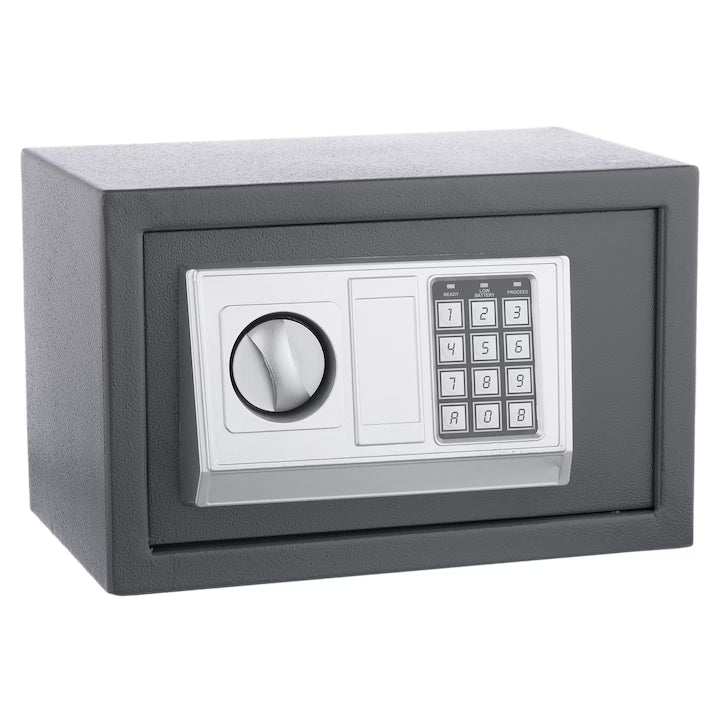 Seif Metalic cu Cifru Electronic și Cheie, 350 x 250 x 250 mm, Cutie de Valori pentru Acte, Bani și Bijuterii, Negru
