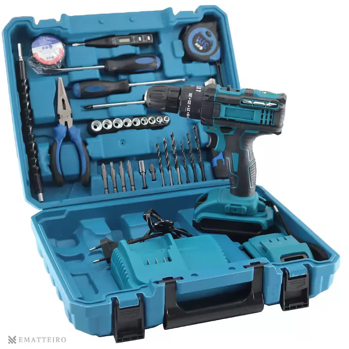 Trusă Bormașină cu Acumulator 36V, 2 Acumulatori Li-Ion, Încărcător și 37 Accesorii, 2 Viteze, 18 Trepte Cuplu, Mandrină Automată 10 mm, Valiză