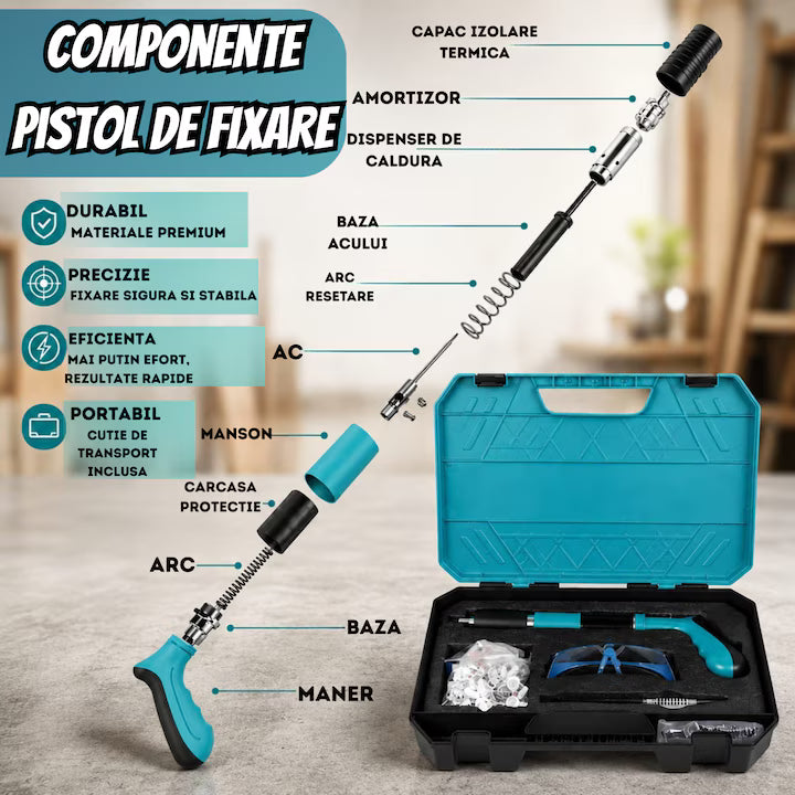 Pistol Manual pentru Bătut Cuie în Beton, Lemn și Metal, 3 Trepte de Reglare a Puterii, Funcționare fără Electricitate, 100 Cuie Incluse, Ulei de Întreținere și Cutie de Transport