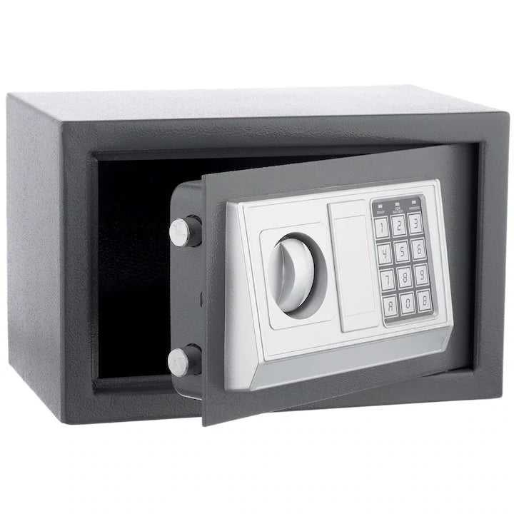 Seif Metalic cu Cifru Electronic și Cheie, 350 x 250 x 250 mm, Cutie de Valori pentru Acte, Bani și Bijuterii, Negru