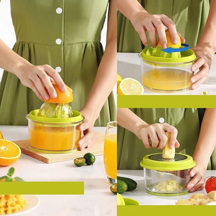 Storcator de citrice si razatoare manual, 4 in 1, 470 ml, Verde