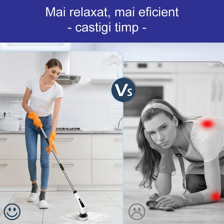 Perie Electrică Rotativă de Curățare, 9 Capete Interșanjabile, 2 Viteze, Wireless, IPX7, Mâner Extensibil, Pentru Baie, Bucătărie și Podele