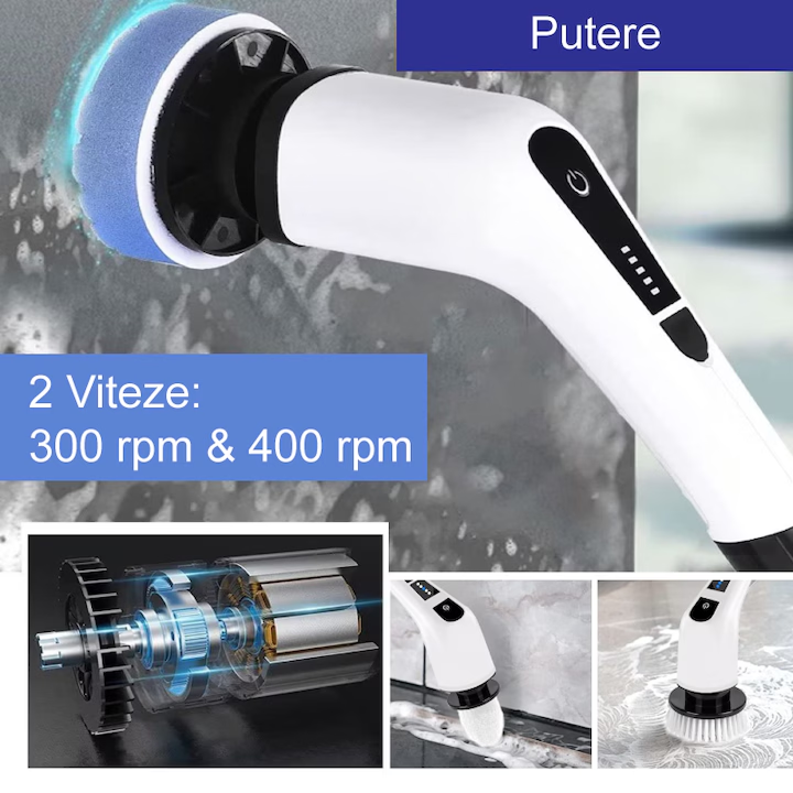Perie Electrică Rotativă de Curățare, 9 Capete Interșanjabile, 2 Viteze, Wireless, IPX7, Mâner Extensibil, Pentru Baie, Bucătărie și Podele