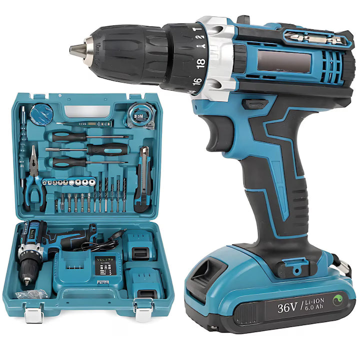 Trusă Bormașină cu Acumulator 36V, 2 Acumulatori Li-Ion, Încărcător și 37 Accesorii, 2 Viteze, 18 Trepte Cuplu, Mandrină Automată 10 mm, Valiză