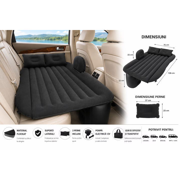 Saltea Gonflabilă pentru Mașină Couch Air – Pat Auto Confortabil cu Pompă Inclusă, 135×86×40 cm