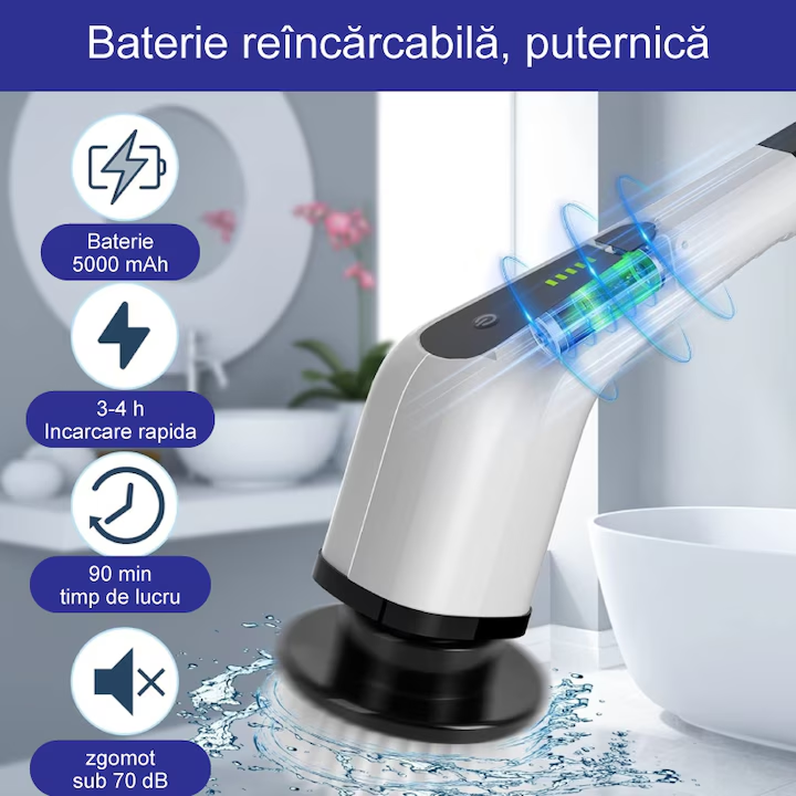 Perie Electrică Rotativă de Curățare, 9 Capete Interșanjabile, 2 Viteze, Wireless, IPX7, Mâner Extensibil, Pentru Baie, Bucătărie și Podele