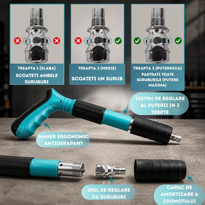 Pistol Manual pentru Bătut Cuie în Beton, Lemn și Metal, 3 Trepte de Reglare a Puterii, Funcționare fără Electricitate, 100 Cuie Incluse, Ulei de Întreținere și Cutie de Transport