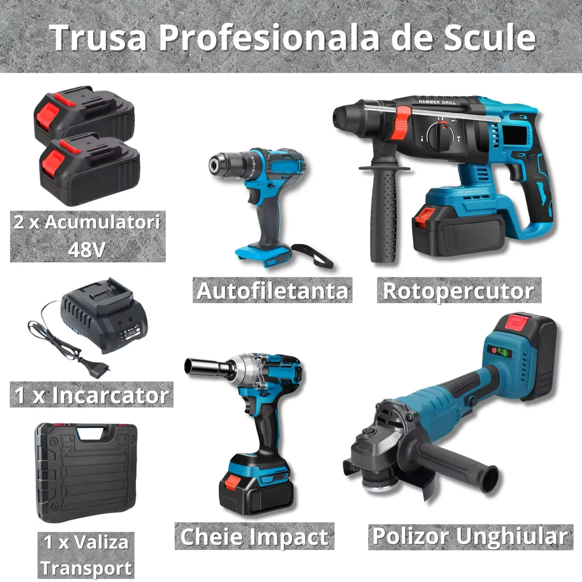 Trusă Scule Profesionale 4 în 1 cu Acumulator – Autofiletantă, Polizor, Rotopercutor, Cheie Impact