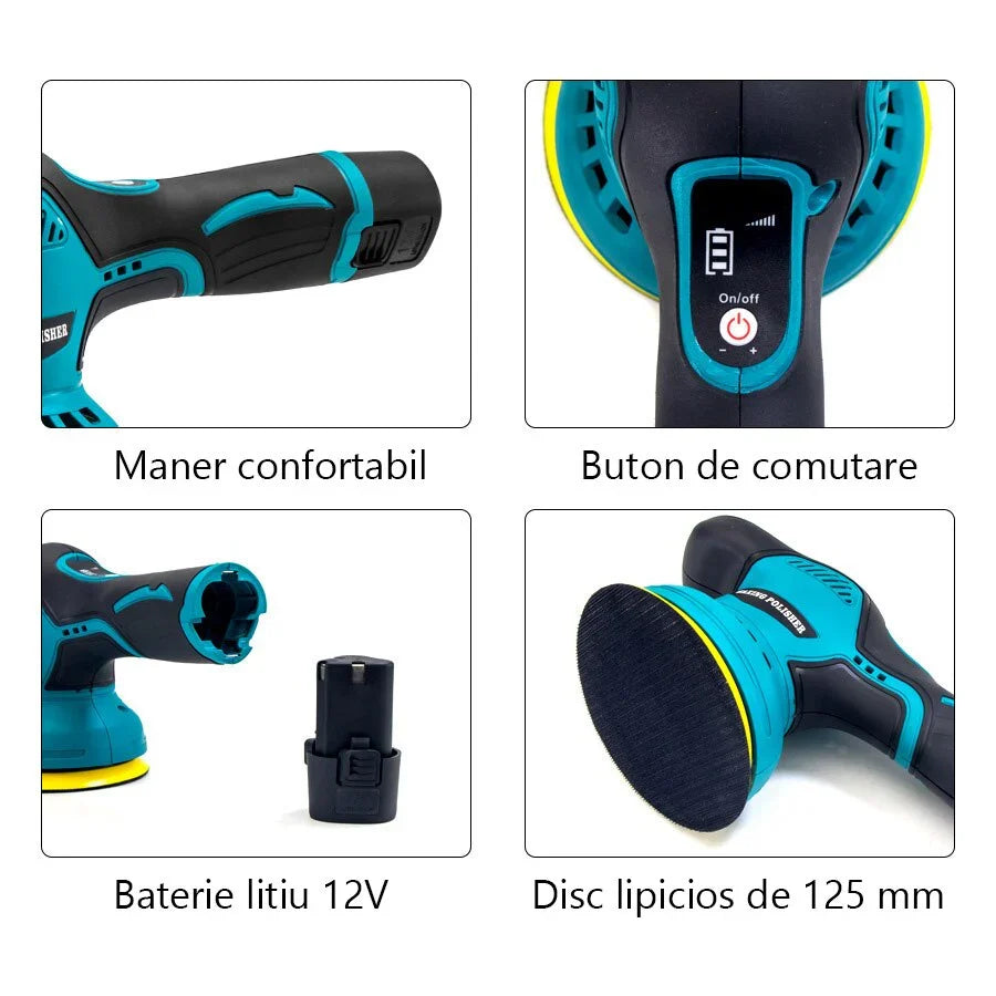 Mașină de Polish Auto fără Fir, 2 Baterii 12V, 8 Trepte Viteză, 2500-5000 RPM